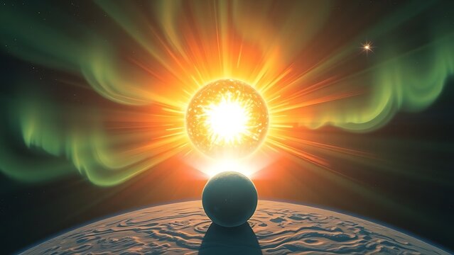 A painterly solar corona explosion with rippling aurora energy cascading toward a small blue planet.