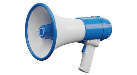 Blue and white megaphone on transparent background for loudspeaker