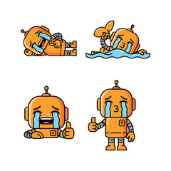 Crying robot cartoon character showing emotions and approval with thumbs up