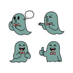 Cute cartoon ghost characters with bow tie expressing emotions on white background