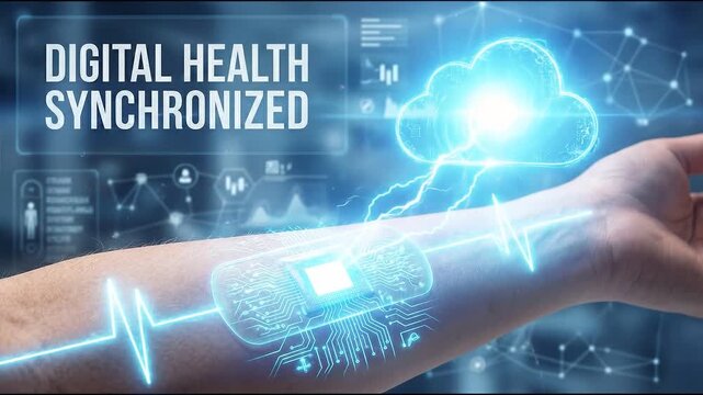 Hrt hologram medical skin patch futuristic healthcare interface human arm showing synchronized digital health data flow cloud network connection monitoring vital sign energy with digital health