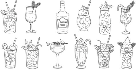 Fototapeta premium Assorted cocktails and drinks illustrated in a line-art style, showcasing various glasses and garnishes