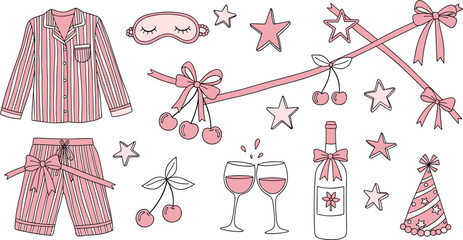 Celebration illustration featuring pyjamas, sleep mask, and wine glasses with cherries, stars, and ribbons, viewed from directly above.