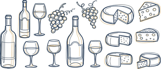 Illustration of wine bottles, cheese, and grapes arranged together, showcasing gourmet delights in a simple line art style from a straightforward viewpoint.