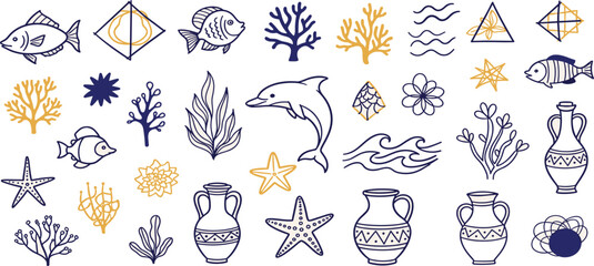 Assorted marine life and artifacts illustrations viewed from above in a detailed graphic representation