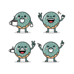 Cartoon donut characters showing different emotions and gestures with peace signs and coffee