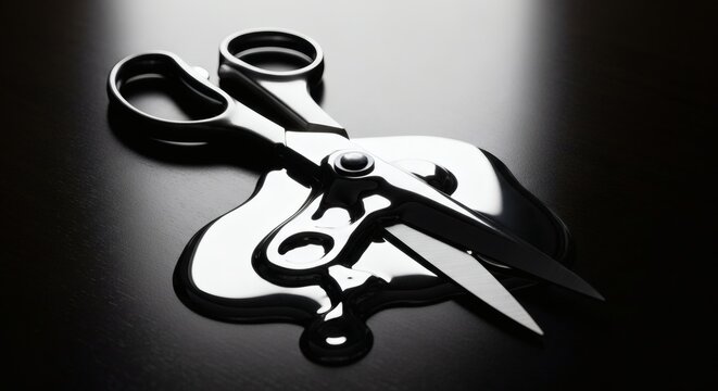 Surreal Melting Chrome Scissors on Dark Reflective Surface