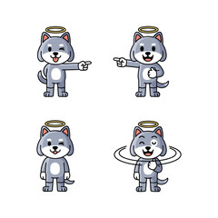 Cartoon wolf character set with halo gestures and expressions