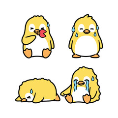 Cute cartoon chick expressing sadness and crying in different poses with copy space