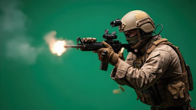 Special Forces Soldier Aims Rifle with Laser Sight on Green Screen Background