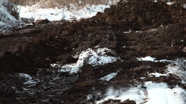 Cold Outdoor Environment With Muddy Surface And Tractor Footprints Amidst Melting Snow Patches . Stock clip