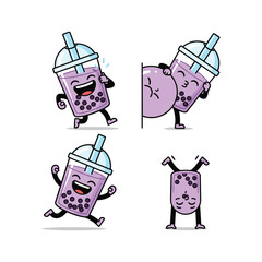 Cartoon bubble tea characters showing different emotions and actions with cute expressions