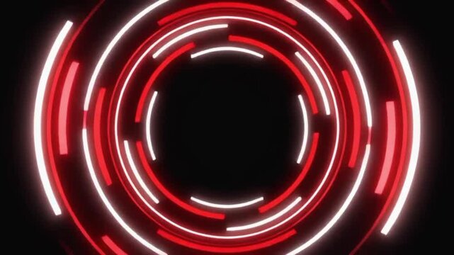 Abstract glowing red and white circular light trails on black background.