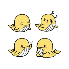 Cartoon whale character expressing different emotions with cute facial expressions