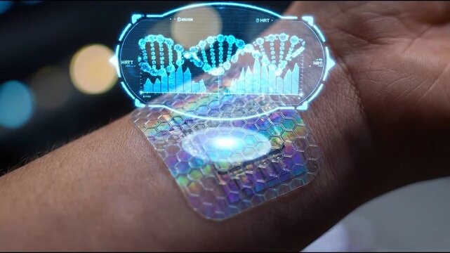 Hrt hologram medical skin patch futuristic healthcare technology wrist showing dna data glowing softly hologram medical skin patch futuristic healthcare glowing wrist bandage concept human arm