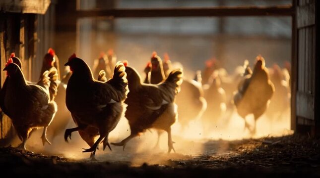 Flock of chickens running in a dusty barn.