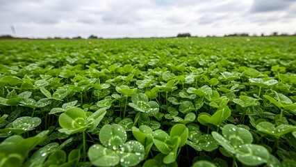 Naklejka premium Lush Green Clover Field for St Patrick’s Day Background, Natural Irish Shamrock Meadow Landscape Close Up