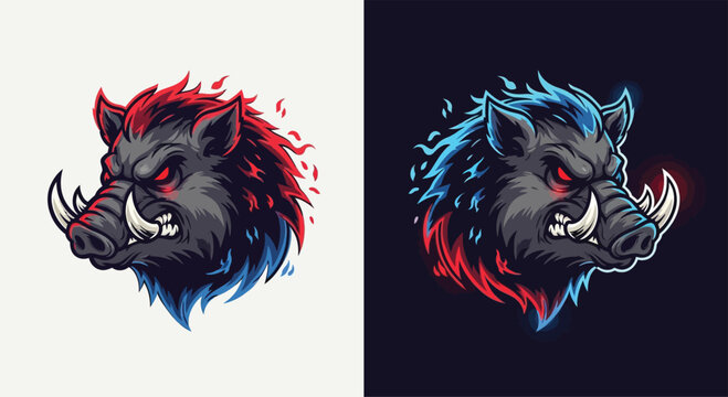 Two stylized aggressive wild boar head illustrations with fiery accents, one on a light background and the other on a dark background.
