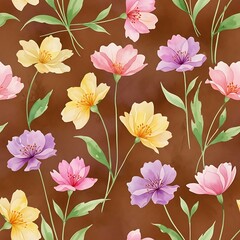 A colorful floral pattern with flowers and leaves on brown