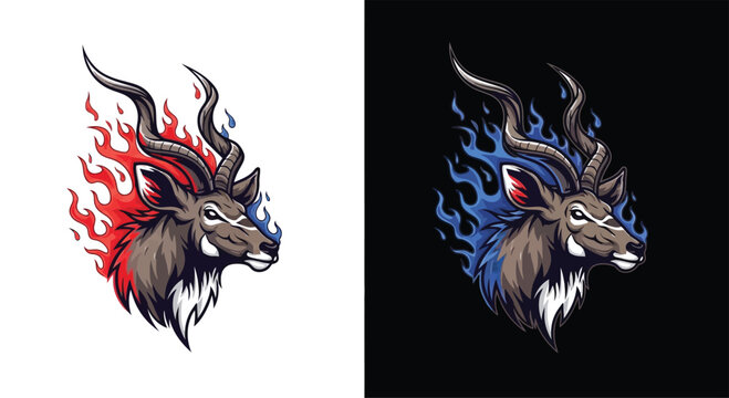 Dynamic Kudu head illustration with fiery horns, featuring red and blue flames on contrasting backgrounds.
