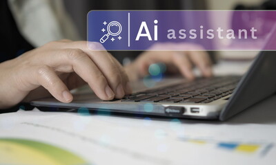 AI assistant technology concept with business professional typing on laptop and virtual interface overlay. Artificial intelligence for automation, smart search, productivity tools, digital workflow, 