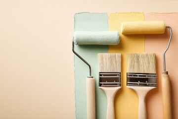 Obraz premium Paint roller and brushes with color swatches on a neutral background, perfect for home renovation inspiration