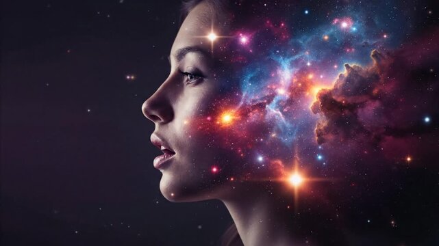 Woman's head open to galaxy, cosmic thoughts, creativity, imagination, universe in mind