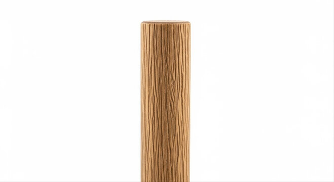 Wooden garden stake isolated on a pristine white background, showcasing natural grain texture and cylindrical shape, ideal for landscaping and plant support