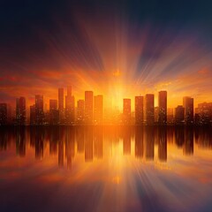 Fototapeta premium Radiant City Skyline Sunset Reflection