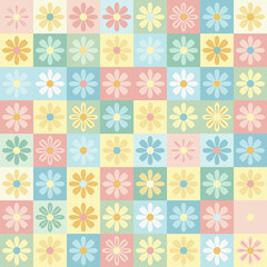 Retro Grid Pattern with Colorful Daisy Flowers and Pastel Squares