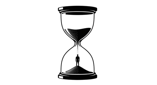 Silhouette of a man trapped inside a giant hourglass as sand falls representing time management or deadline pressure