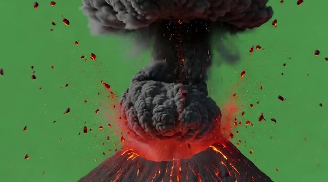 Cinematic, gritty volcanic ash cloud mixed with glowing orange embers, rising with intense heat distortion. On a solid green background