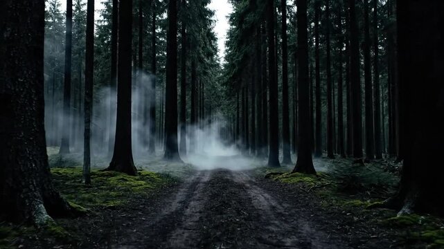 A misty forest path winding through tall trees on a gloomy day with fog rolling in