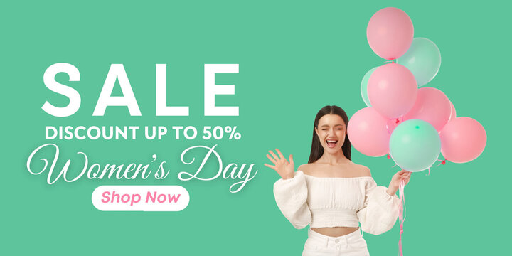 A young woman smiles while holding balloons for Women's Day