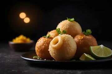 Pani puri food concept, close-up shot, clean dark background
