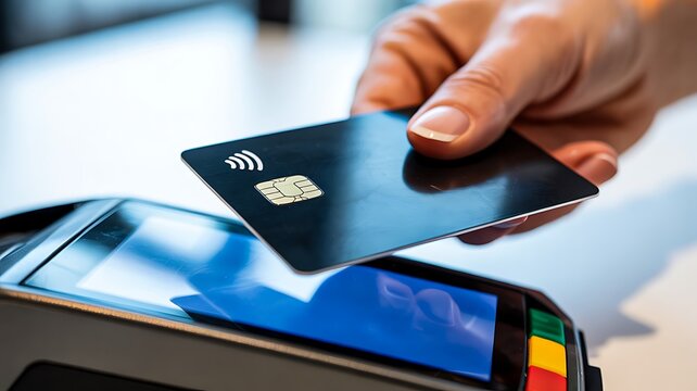 Contactless card payment at pos terminal with hand holding credit card modern cashless transaction concept