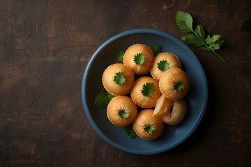 Indian street food pani puri, overhead flat lay, minimal table surface
