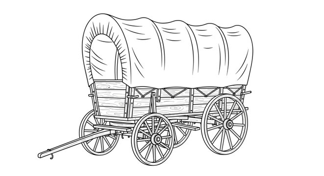 Historic canvas covered pioneer wagon with wooden wheels and hitch a symbol of westward expansion and frontier travel