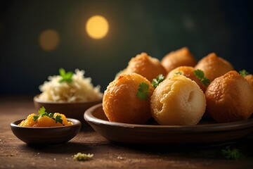 Pani puri snack template, side angle shot, warm lighting
