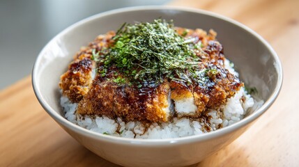 Crispy Pork Katsu Over Steamed White Rice Topped With Seaweed And Green Onions In A Bowl