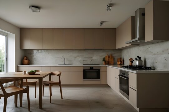 Minimal kitchen interior, wide angle shot, bright neutral tones, copy space
