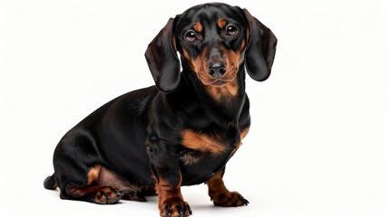 Obraz premium A black and tan Dachshund dog sitting on a white background, looking attentively at the camera.