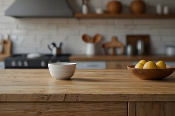 Kitchen countertop mockup, shallow depth of field, defocused background
