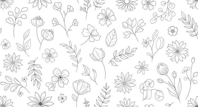 Seamless pattern with delicate hand-drawn botanical illustrations of various flowers and leaves in a simple black line art style.