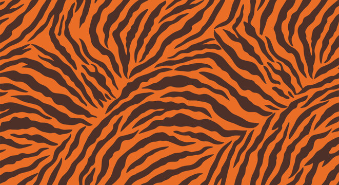 A bold and seamless tiger stripe animal print pattern with classic orange and dark brown colors for fabric or wallpaper.