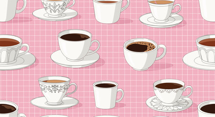 Seamless vector pattern of elegant white coffee cups and saucers arranged on a pleasant pastel pink checkered grid background.