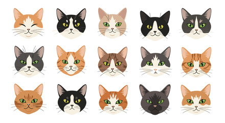 Obraz premium Large collection of fifteen different cat breed faces with various colors patterns and expressions illustrated in a simple flat style.