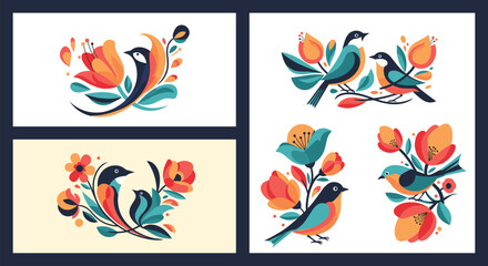 Set of four beautiful illustrations featuring elegant birds perched among colorful abstract flowers in a modern folk art style.
