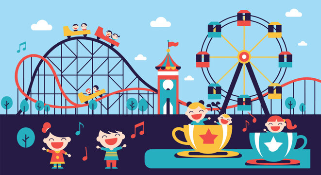 A vibrant and fun amusement park scene with cheerful children riding a roller coaster ferris wheel and spinning teacups.