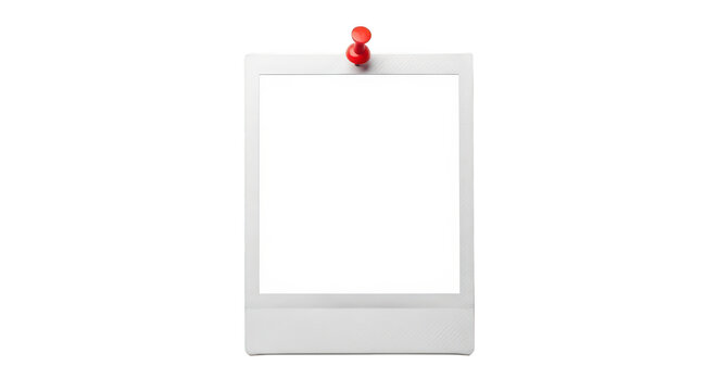 Blank white picture frame with red push pin isolated on transparent background